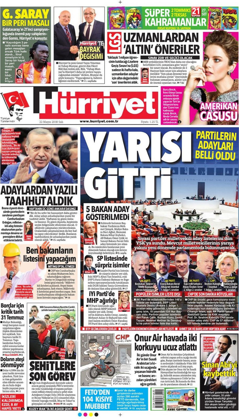 Gazete manşetleri 22 Mayıs 2018 Hürriyet - Sözcü - Habertürk - Resim: 3