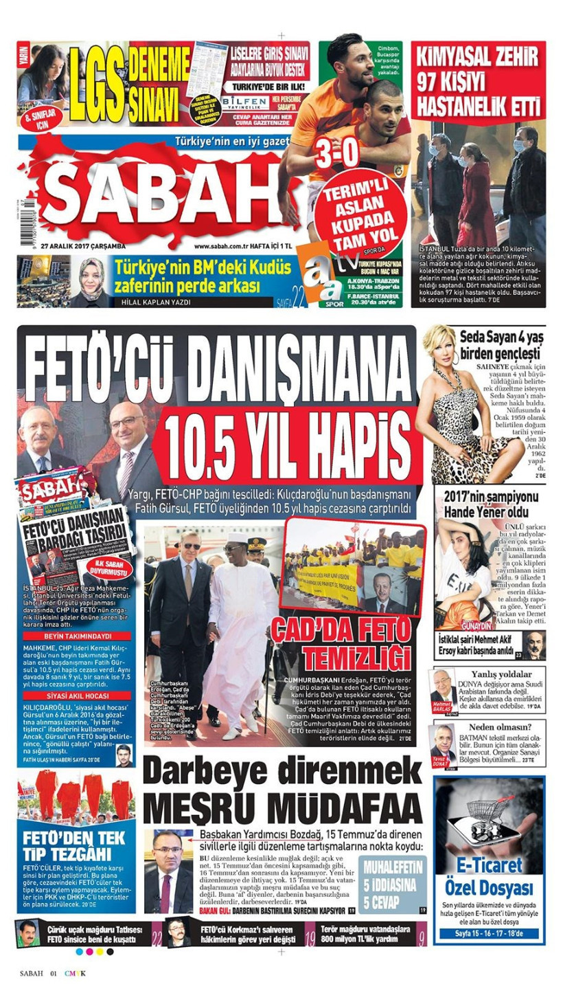 Gazete manşetleri Sözcü - Hürriyet - Sabah 27 Aralık 2017 - Resim: 3