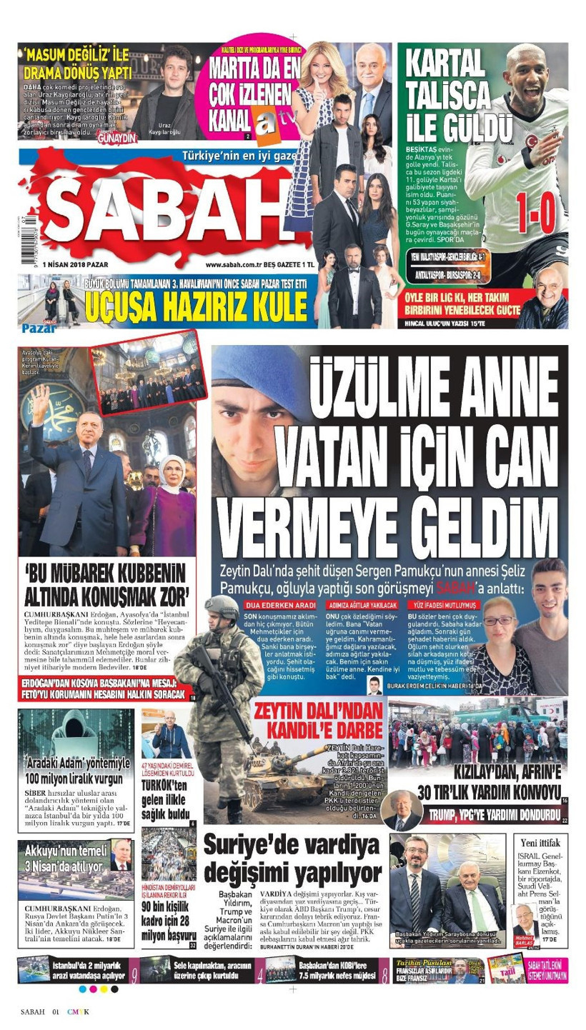 Gazete manşetleri  1 Nisan 2018 Hürriyet - Sözcü - Fanatik - Resim: 3
