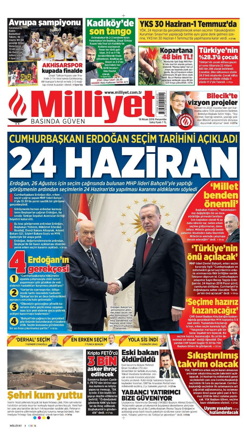 Gazete manşetleri 19 Nisan 2018 Hürriyet - Sözcü - Habertürk - Resim: 1