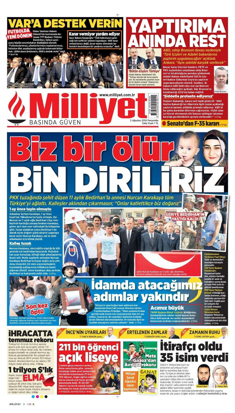 Gazete manşetleri 2 Ağustos 2018 Hürriyet - Posta - Sabah - Resim: 1