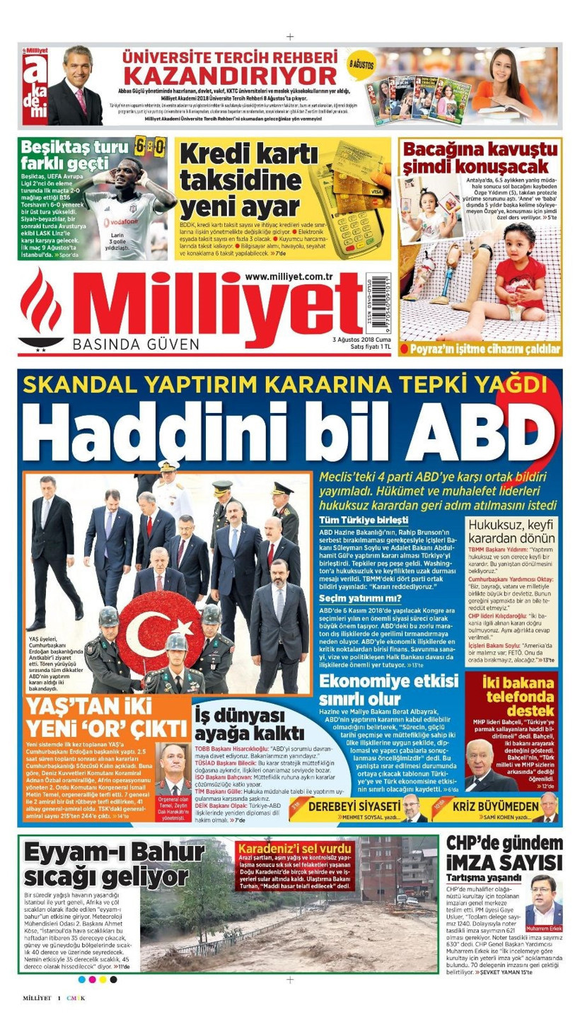 Gazete manşetleri 3 Ağustos 2018 Hürriyet - Posta - Sabah - Resim: 2