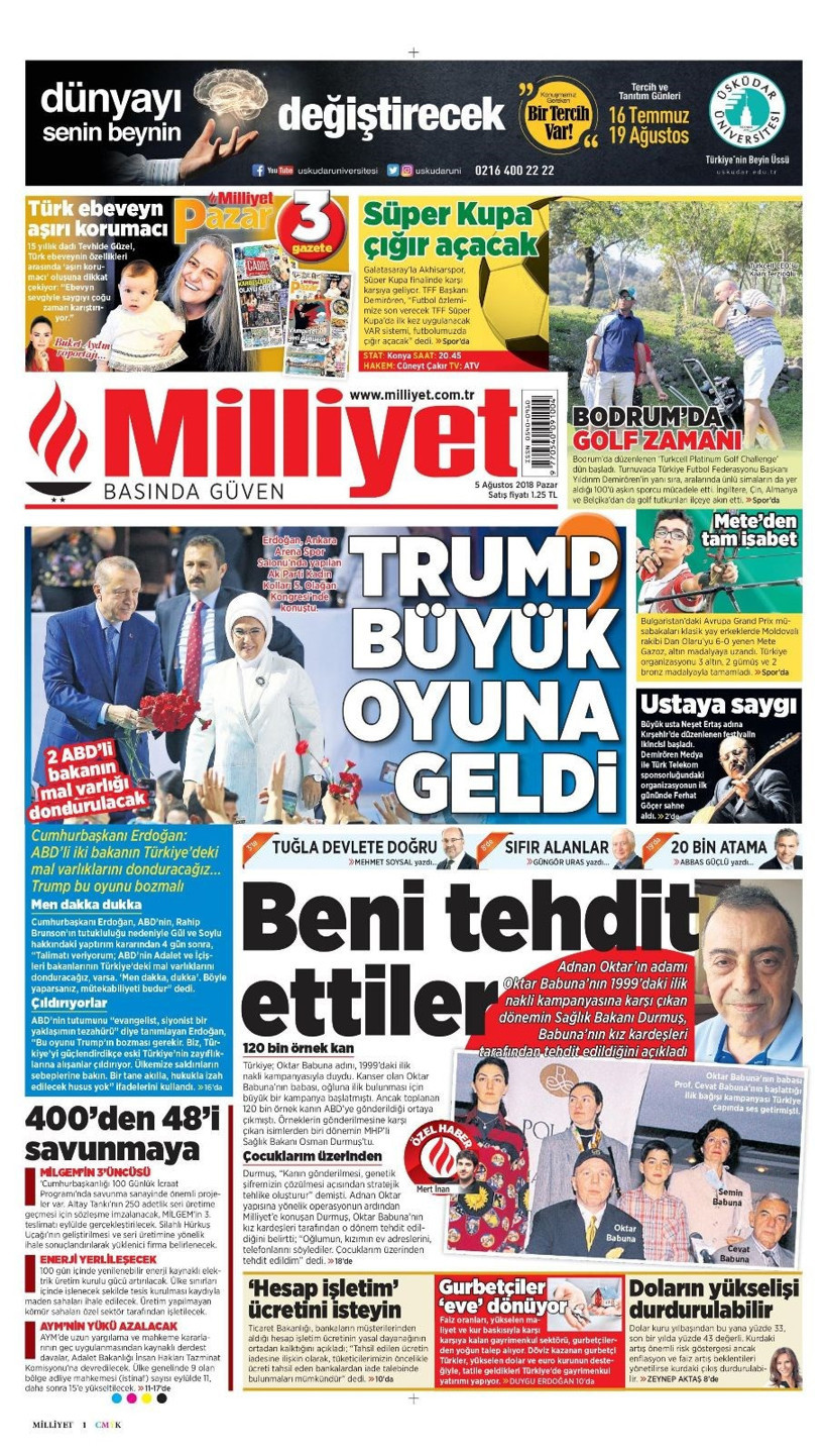 Gazete manşetleri 5 Ağustos 2018 Hürriyet - Posta - Sabah - Resim: 2