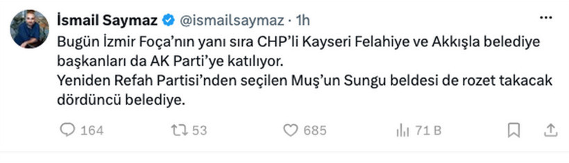 4 belediye başkanı AK Parti'ye ge&ccedil;iyor İsmail Saymaz tek tek a&ccedil;ıkladı - Resim: 0