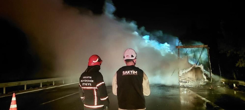 Otoyolda korkutan yangın: Alevler metrelerce yükseldi, tırın dorsesi küle döndü! - Resim: 4