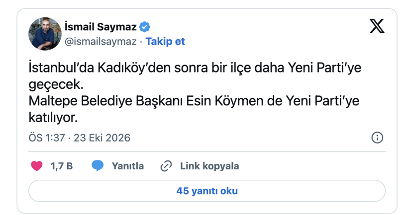 İsmail Saymaz duyurdu: İstanbul’da bir belediye daha YENİ Parti’ye geçiyor - Resim: 0