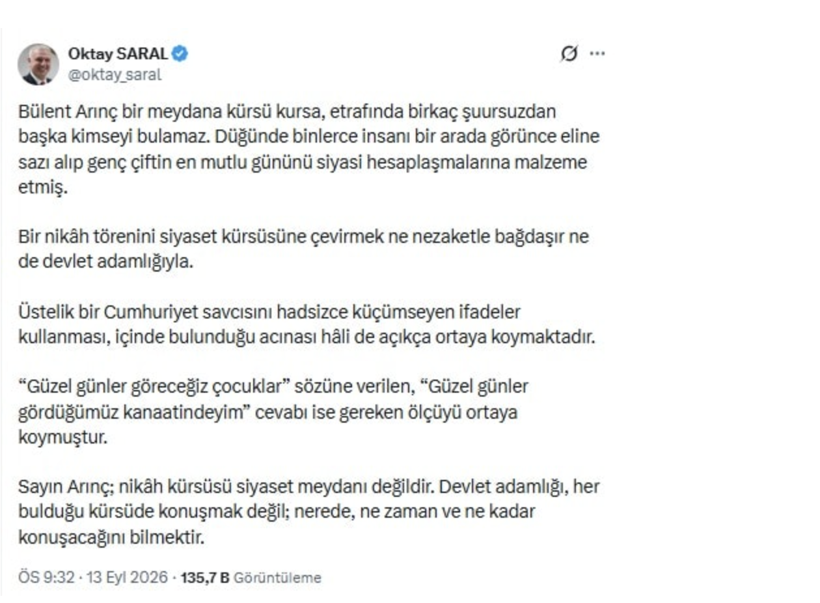 B&uuml;lent Arın&ccedil;'ın Davutoğlu&rsquo;nun oğlunun nikahındaki konuşmasına Oktay Saral&rsquo;dan da sert tepki - Resim: 1